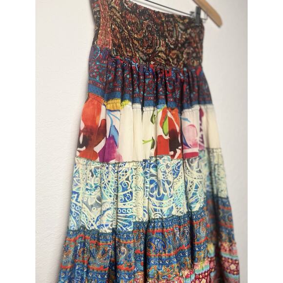Recycled Silk Blend Floral Patchwork Tiered Ruffle Skirt Free Sz Gypsy Boho - Picture 4 of 8